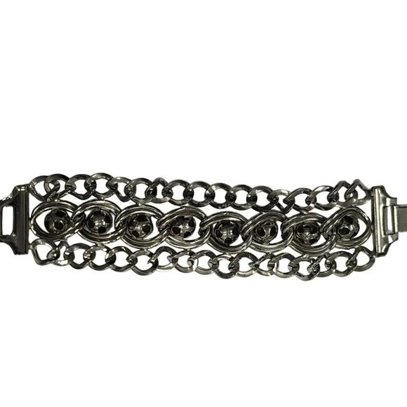 Vintage Ball Beaded Chunky Chain Link Bangle Bracelet Silver Tone Box Clasp - Picture 2 of 2